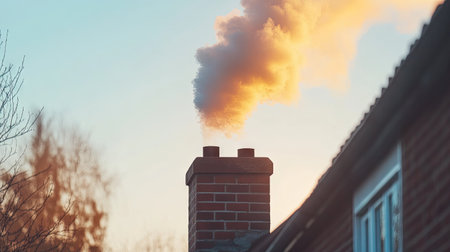 Smoke billowing from a large brick chimney in an urban neighborhood. The plume rises slowly into the cool morning air, blending with the early light.の素材