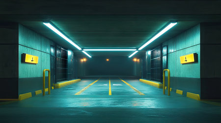 Empty underground parking exit with bright fluorescent lights, yellow lane markers, and an open gate showing daylight beyond. A smooth path leading outside.の素材