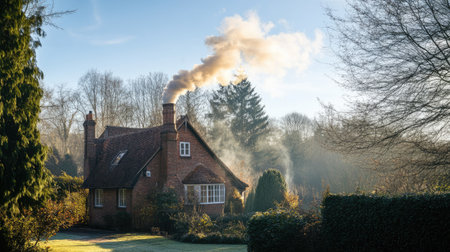 Smoke emerging from the chimney of a charming cottage in the countryside. The swirling smoke is framed by tall trees and a cloudless, bright sky.の素材