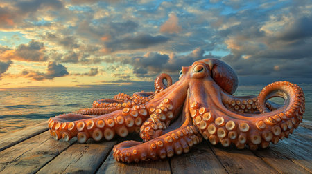 Octopus tentacles splayed out and drying on a wooden surface under the hot sun, with the shimmering sea just beyond. The drying process is captured against a peaceful coastal backdrop.の素材