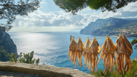 Octopuses drying in the sun, draped over a line with a scenic Mediterranean backdrop. The rustic drying method, combined with the tranquil ocean view, creates a serene maritime scene.の素材