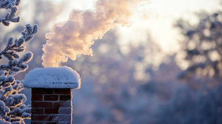 Soft, white smoke coming from a chimney on a frosty morning. The winter landscape is covered in a light blanket of snow, while the smoke gently rises into the sky.の素材