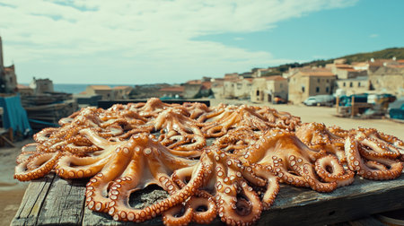 Freshly caught octopuses spread out and drying under the sun on a rustic table. Their tentacles curl as they dry in the open air, with a coastal village in the background.の素材