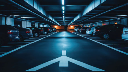 Dimly lit underground parking lot view from the exit gate. A clear path marked by arrows, parked cars, and the glow of daylight coming from the open gate.の素材