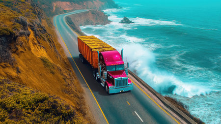 A brightly colored freight truck loaded with goods driving down a coastal highway, with ocean waves crashing nearby as it transports cargo along the scenic route.の素材