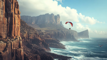 A paraglider catching thermals above rocky cliffs, with the vast ocean spreading out in the distance and waves crashing against the shore below.の素材