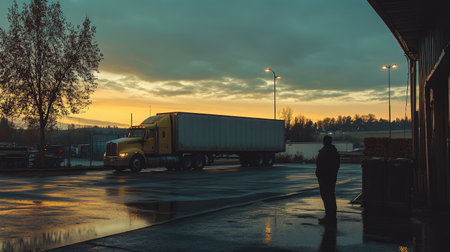 A freight truck parked at a rest stop along a long journey, with the driver taking a break beside the truck, capturing the reality of long-haul shipping life.の素材