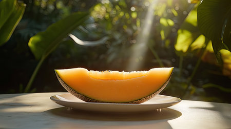 A single slice of cantaloupe with its orange flesh glistening in the sunlight, placed on a white plate against a tropical garden background.の素材