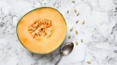 A halved cantaloupe sitting on a marble countertop, with a spoon scooping out the soft, juicy flesh, surrounded by scattered seeds.の素材