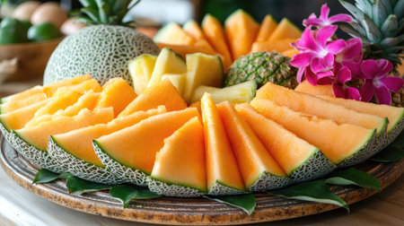 A fresh cantaloupe cut into thick slices, arranged on a platter with other tropical fruits like pineapple and watermelon, perfect for a summer party.の素材
