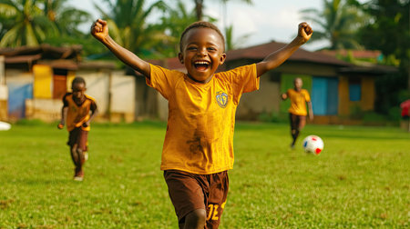 A little boy celebrating after scoring a goal, with arms raised in victory on a soccer field, capturing the pure joy of the moment.の素材