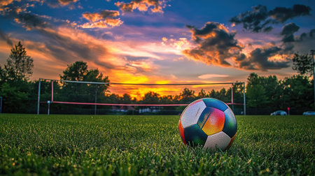 A colorful volleyball sitting on the grass of an outdoor court, with the net stretching across the background, ready for the next match.の素材