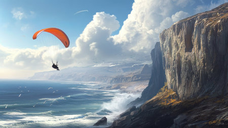 A paraglider catching thermals above rocky cliffs, with the vast ocean spreading out in the distance and waves crashing against the shore below.の素材