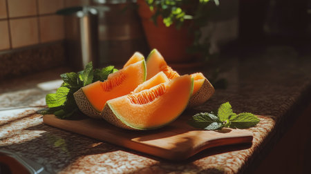 A freshly sliced cantaloupe resting on a kitchen counter, with wedges of the juicy fruit laid out on a wooden board, surrounded by fresh mint leaves.の素材
