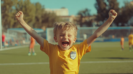 A little boy celebrating after scoring a goal, with arms raised in victory on a soccer field, capturing the pure joy of the moment.の素材