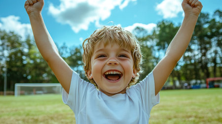 A little boy celebrating after scoring a goal, with arms raised in victory on a soccer field, capturing the pure joy of the moment.の素材