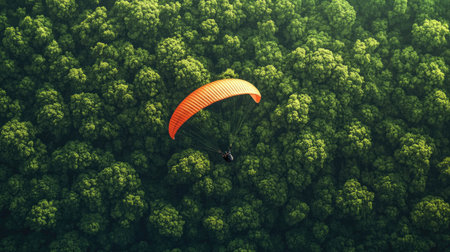 A paraglider gliding over a lush, green forest canopy, with the treetops forming a dense blanket below and the sky stretching into the distance.の素材