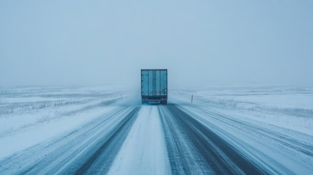 A freight truck traveling on a snowy road, battling winter conditions as it continues its shipping route through harsh weather, showing the resilience of the trucking industry.の素材