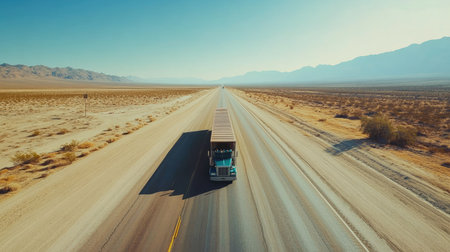A long-haul freight truck cruising down an open highway, with shipping containers secured on the flatbed, traveling through a vast desert landscape.の素材