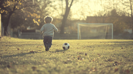 A little toddler boy running after a soccer ball on an empty field, with the goalposts in the background and his playful energy lighting up the scene.の素材