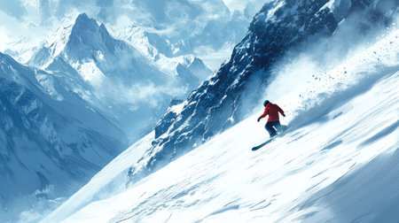 A snowboarder cruising down a remote snowy slope, leaving a trail of fresh tracks behind as they enjoy the untouched mountain wilderness.の素材