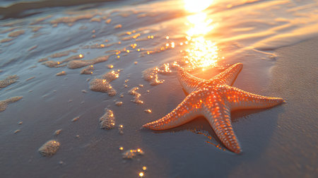 A starfish resting on wet sand near the shoreline, with the reflections of the sun shimmering on the water. The warm, tranquil beach atmosphere is perfect for a summer day.の素材