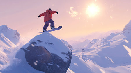 A snowboarder jumping off a snow-covered boulder during a freeride, with the sun shining brightly in a clear sky and a pristine snowy landscape below.の素材