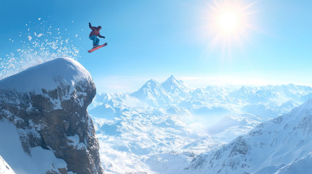 A snowboarder jumping off a snow-covered boulder during a freeride, with the sun shining brightly in a clear sky and a pristine snowy landscape below.の素材