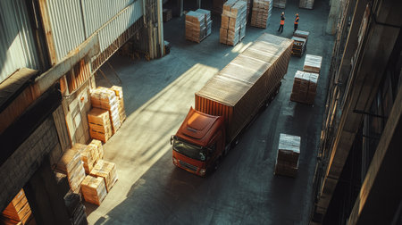 A freight truck pulling up to a dock at a busy warehouse, with crates and pallets stacked around. Workers prepare for efficient loading and unloading of goods.の素材