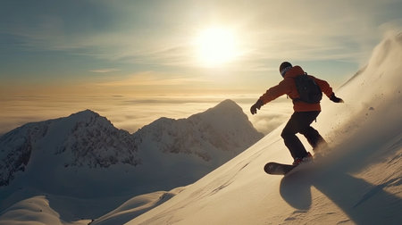 A snowboarder shredding down a mountain ridge, with the bright sun shining overhead and a wide expanse of untouched snow stretching before them.の素材