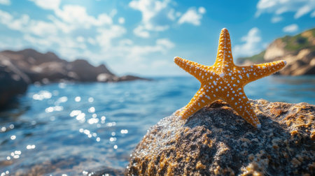 A starfish sitting on a rock by the sea, with crystal-clear water and a bright blue sky in the background, capturing the essence of a tropical summer beach.の素材