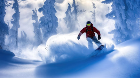 A snowboarder riding through a deep snowdrift in the wilderness, with snow-covered trees in the background and a sense of freedom and adventure in the air.の素材