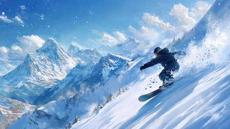 A snowboarder carving through fresh powder on a snowy mountain slope, kicking up snow behind them with a blue sky and distant peaks in the background.の素材