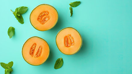 A top-down view of a halved cantaloupe, with its orange flesh and seeds exposed, placed on a bright, minimalist background with fresh mint.の素材