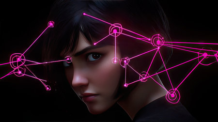 A close-up of a digital eye reflecting a complex network, representing AI and neural networks.の素材