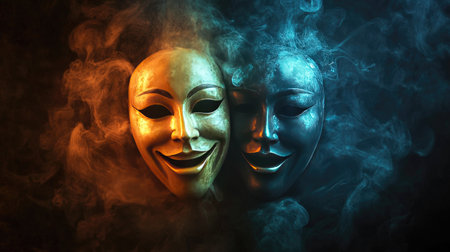 Theater masks, one smiling and one crying, dramatically lit against a dark background with subtle smoke effectsの素材