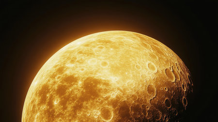 A bright harvest moon rising, its golden hue contrasting against the blackness of the skyの素材