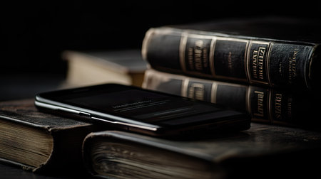 A close-up of a phone screen with an ebook app open, placed on several hardcover books, creating a visual blend of modern technology and traditional reading against a black backdrop.の素材