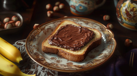 A golden-brown slice of toast with a thick layer of chocolate paste, placed on a decorative plate with bananas and hazelnuts on the side.の素材