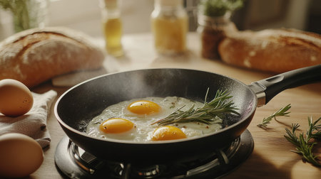 A beautifully arranged frying pan with eggs and rosemary sprigs, captured in a cozy kitchen setting with a soft-focus background of fresh bread and ingredients.の素材