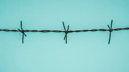 A close-up of fresh barbed wire against a bright, clear sky, showcasing the sharpness and tension of the metal.の素材