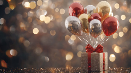 A festive gift box adorned with a sparkling bow, overflowing with balloons in various shades of red, gold, and silver, against a glittering, blurred background.の素材