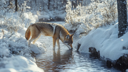 A Eurasian wolf drinking from a small stream cutting through a snowy forest. The cold, crisp air and snow-covered surroundings create a stark and tranquil winter scene.の素材