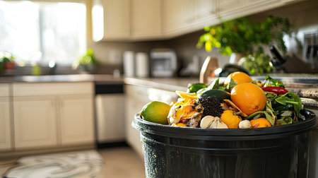 A trash bin with organic waste like wilted vegetables, citrus peels, and coffee grounds, placed under a kitchen counter in a home focused on sustainability.の素材