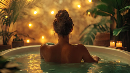 A young woman in a luxurious bath, scrubbing her back with a loofah, with calming decor and soft lighting creating a relaxing retreat-like atmosphere.の素材