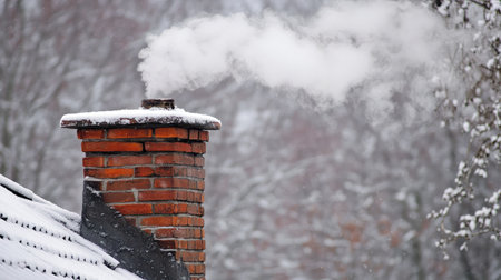 A rustic brick chimney releasing soft white smoke on a cold winter morning. The smoke swirls upwards into the frosty air, surrounded by snowy rooftops.の素材