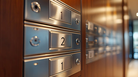 Close-up view of a stylish mailbox panel in a contemporary condominium. Metal mailboxes with numbered labels, surrounded by wood paneling and modern lighting.の素材