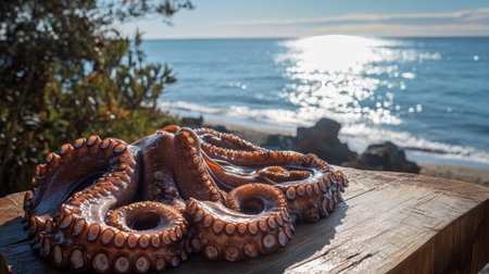 Octopus tentacles splayed out and drying on a wooden surface under the hot sun, with the shimmering sea just beyond. The drying process is captured against a peaceful coastal backdrop.の素材