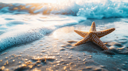 A close-up of a starfish resting on wet sand as a small wave approaches the shore, capturing the serene beauty of a summer beach day.の素材