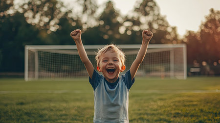 A little boy celebrating after scoring a goal, with arms raised in victory on a soccer field, capturing the pure joy of the moment.の素材